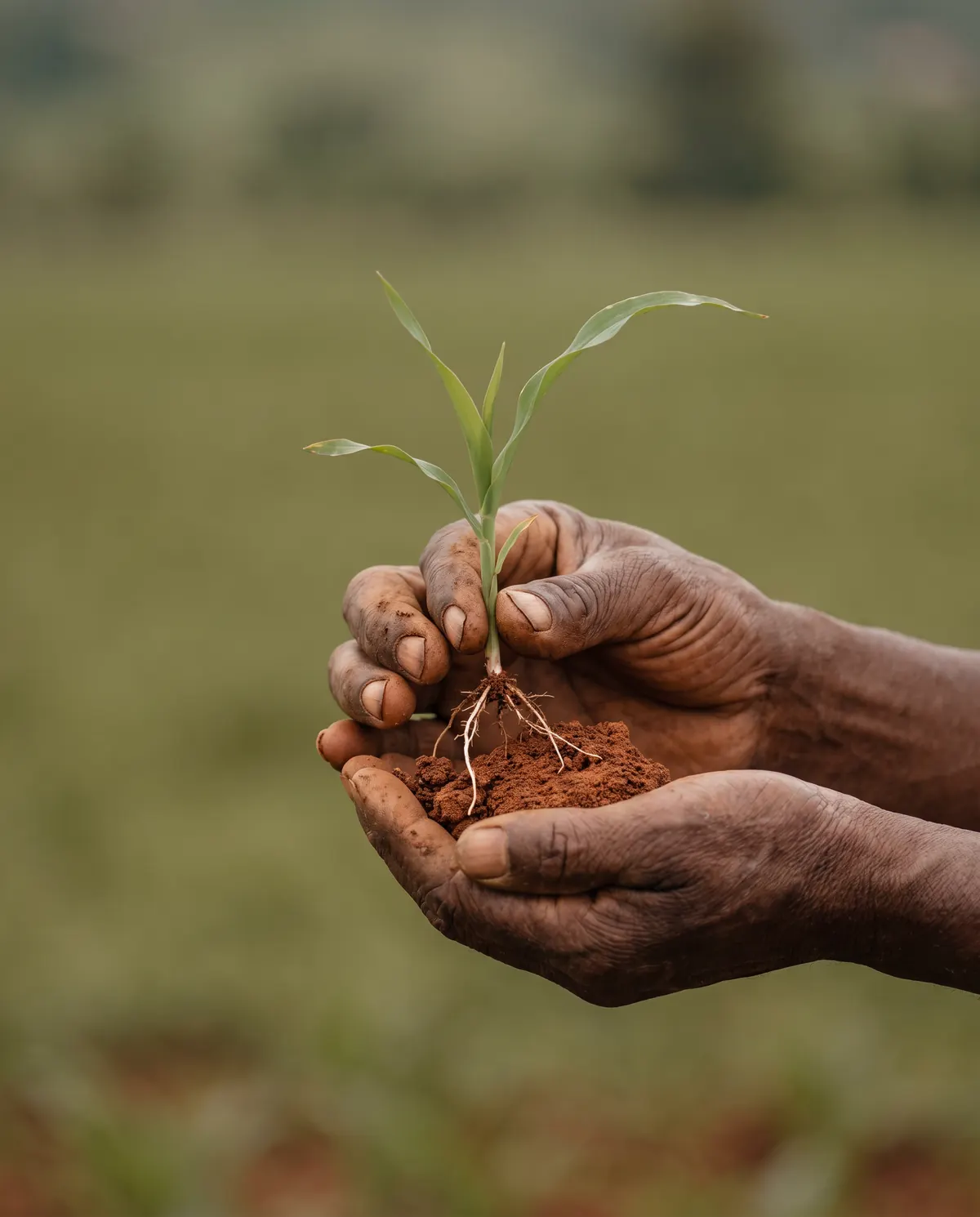 Two hands hold a young maize seedling with its roots in red soil.
